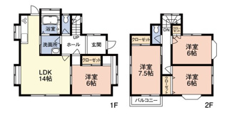【間取り】 | 千葉市緑区誉田町　中古4LDK　JR外房線「誉田」駅 | ゆったり14帖のLDKに加え、全居室が6帖以上のゆとりある4LDK。各部屋に収納が完備され、お部屋をすっきり保てます。家族の笑顔が広がる理想の住まいです。