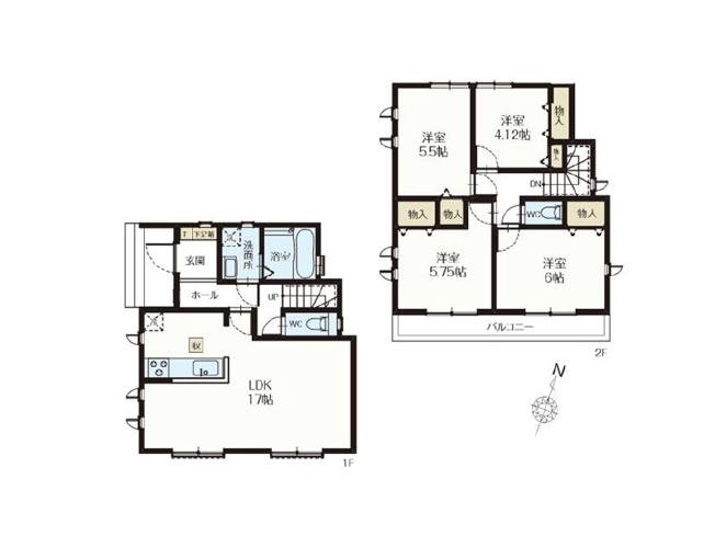 【間取り】 | 新座市石神4丁目　新築一戸建住宅　全14棟　(保谷店) | 2-J号棟/1階にLDK、2階に個室がまとまったシンプルで使いやすいプラン。随所に収納が備わり、お部屋を広くお使いいただけます。※図面を基に作成しています。現況と異なる場合は現況を優先いたします。