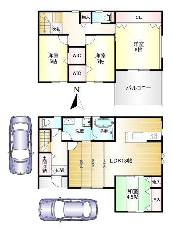 磯城郡田原本町藥王寺の間取り|4LDK　土地面積：130.42㎡　建物面積：104.74㎡　駐車スペース2台
