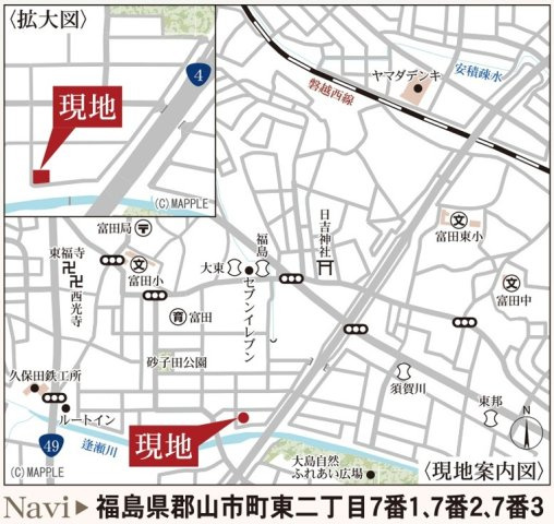 郡山市町東2丁目　　　１号棟　　　富田小学校、富田中学区　の地図|案内図・拡大図