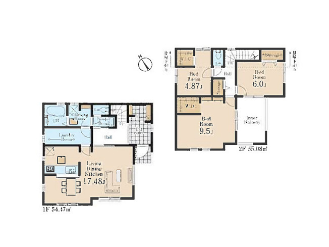 【間取り】 | 清瀬市下宿2丁目　新築一戸建住宅　全19棟　(志木本店) | 対面キッチンを採用した17.48帖のワンフロアタイプLDK。ベランピンングも楽しめる広々としたインナーバルコニー付き。