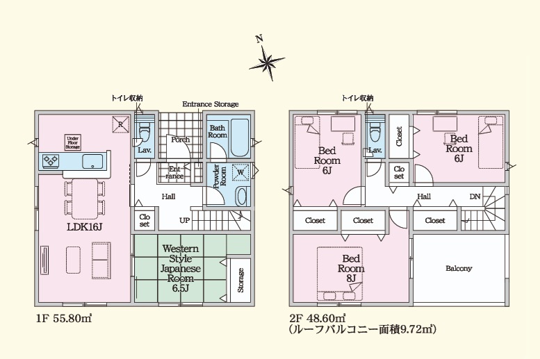 Cradlegarden　 東海村亀下　第1　1の間取り|　
☆和室はお昼寝コーナーにも◎全居室と1.2階廊下にも収納スペース付き。2階は全室明るい二面採光、通風も良好。全室ゆったり6帖以上です。