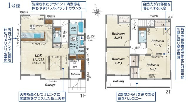 【ブルーミングガーデン】宇都宮市雀の宮 6丁目 全2棟の間取り|〇1号棟〇
3（4）LDK+カースペース2台
将来の家族構成の変化に対応できる、4LDKに変更可能なフレキシブルプラン！