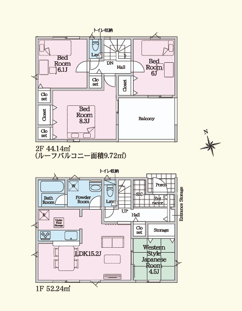 Cradlegarden　 東海村亀下　第1　2の間取り|　
☆水廻りコンパクトで家事動線ラクラク♪和室はお昼寝コーナーにも◎全居室に大容量の収納スペース付き。全室明るい二面採光で通風も良好です。