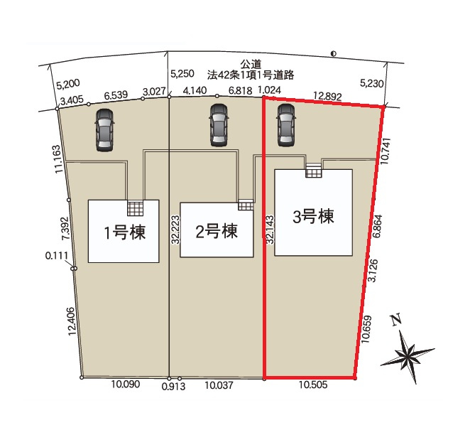 Cradlegarden　 東海村亀下　第1　3の区画図|人気の平屋建てです。前面道路幅5.2メートル。並列駐車可能です。気になる他の物件と合わせての現地ご案内も可能です。お気軽にお問い合わせください。

