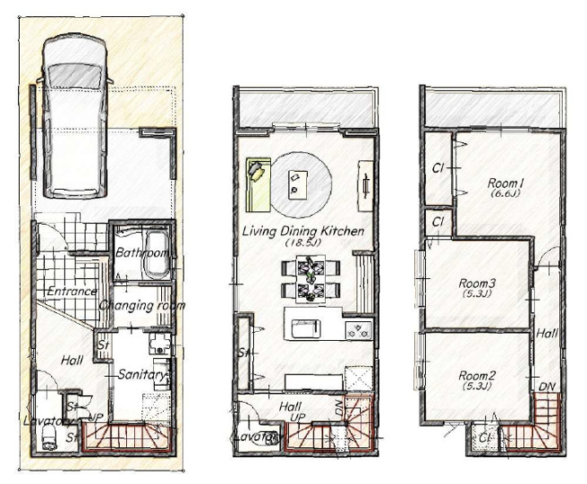 【間取り】 | 平野区長吉六反3丁目 | 3階建【全洋室3LDK＋車庫】広々玄関にオープンな収納付き♪♪LDKゆったり18.5帖♪LDK3面床暖房・浴室乾燥機（ミストカワック）完備です☆