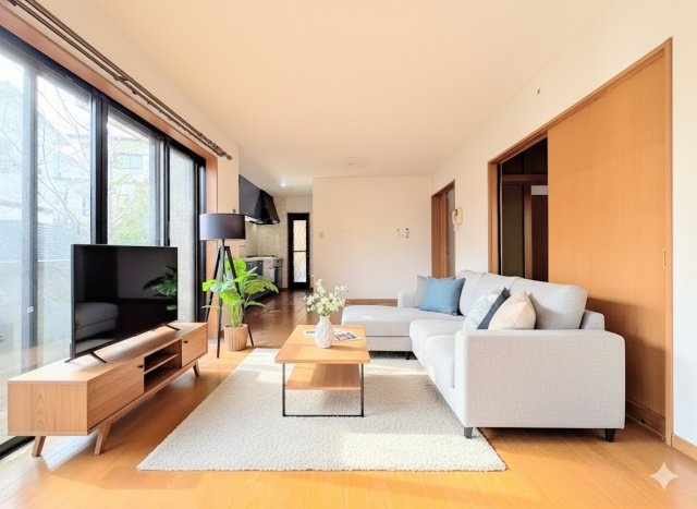 港南区笹下5丁目　中古戸建ての居間・リビング|◆ご家族の会話がはずむ、開放的なＬＤＫです。休日はお陽さまの光をたっぷりととりこめるぽかぽかリビングで過ごしませんか？