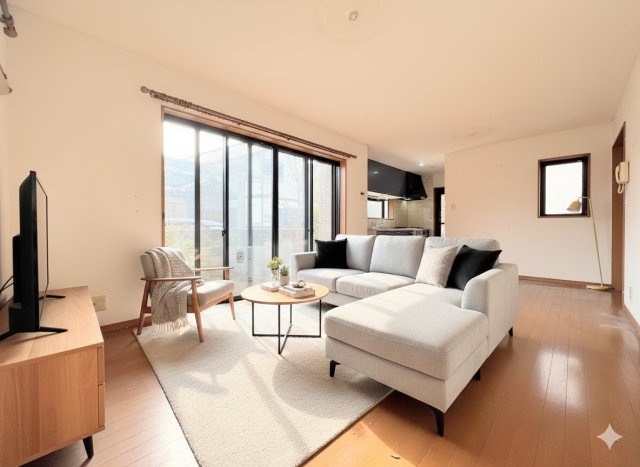 港南区笹下5丁目　中古戸建ての居間・リビング|◆広々としたリビング・ダイニングは、シックでモダンな内装。落ち着いた雰囲気に包まれて、伸びやかな空間のなかで、ゆったりと家族団らんのひとときを過ごせます。(家具はイメージです)