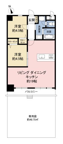 【間取り】 | チサンマンション小笹 | 戸建て感覚が味わえる専用庭付きの2LDKです。コンパクトな居室に広々としたリビングの間取りが特徴です