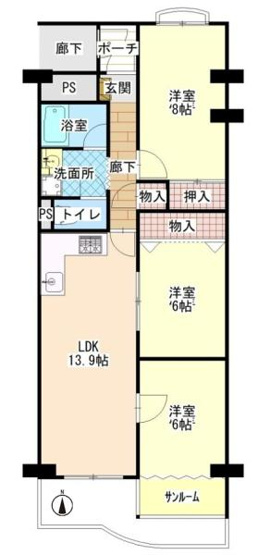 【間取り】 | エバーグリーン金岡二号棟 | 専有面積:77.98平米　バルコニー面積:7.79平米　間取り:3LDK＋サンルーム