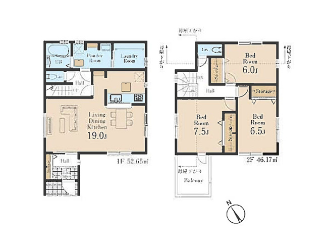 【間取り】 | 清瀬市下宿2丁目　新築一戸建住宅　全19棟　(志木本店) | 会話が弾む対面キッチン採用のワンフロアタイプ19帖LDK。
