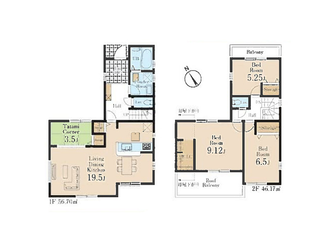 【間取り】 | 清瀬市下宿2丁目　新築一戸建住宅　全19棟　(志木本店) | 19.5帖のゆとりあるLDKとつながる、使い勝手の良い3.5帖のタタミコーナー