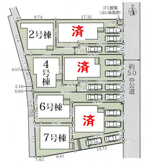 【区画図】 | 綾瀬市小園  2号棟 6期 | 2号棟　旗竿地（間口約3.0ｍ）　東側約5m公道　駐車2台（車種によります）　敷地面積44.7坪（路地状部分含む）