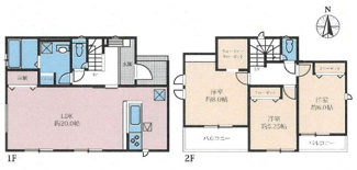 【間取り】 | 綾瀬市小園  6号棟 6期 | 都市ガス　南向きバルコニー2箇所　浴室乾燥機+窓　全居室収納　リビング収納　LDK20帖　メイン洋室8帖　全室南向き