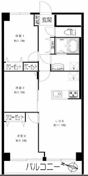マンハイム大宮の間取り|【間取り】LDK11.0帖＋洋室5.0帖・4.5帖×2の3LDK、専有61.60㎡。西向きバルコニー7.84㎡で家具配置もしやすい形。リフォーム後を想定し、梁位置や窓サイズ、収納量は現地で採寸確認を。