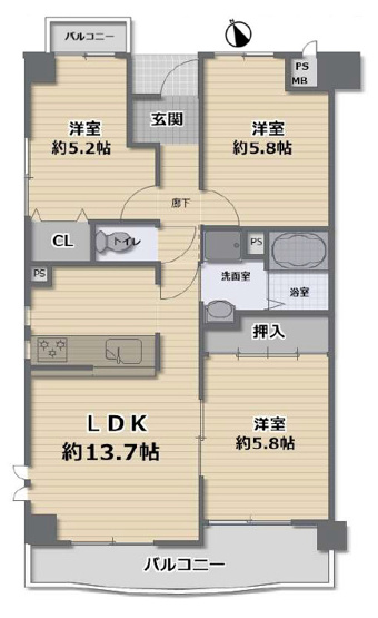 【間取り】 | ライオンズマンション八尾 | 上階部屋なし！南西角住戸☆2020年4月：室内給湯器（追炊付）を含む、水廻り設備全て新調交換の履歴あり☆2025年12月リフォーム履歴：クロス貼替え、床CF・玄関タイル張替え、間取り変更等☆