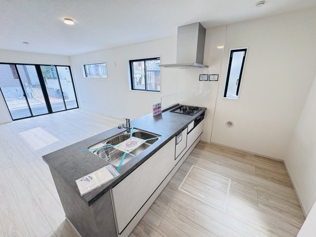 流山市松ケ丘６丁目新築戸建（松ケ丘12期）のキッチン|お手入れしやすいレンジフード・シンクの水栓には浄水器がついてます！