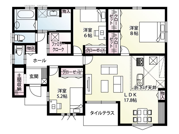 新築　甘楽町金井　全4区画　3号棟　の間取り|建物面積27.92坪　全室南向きの明るいお部屋！！