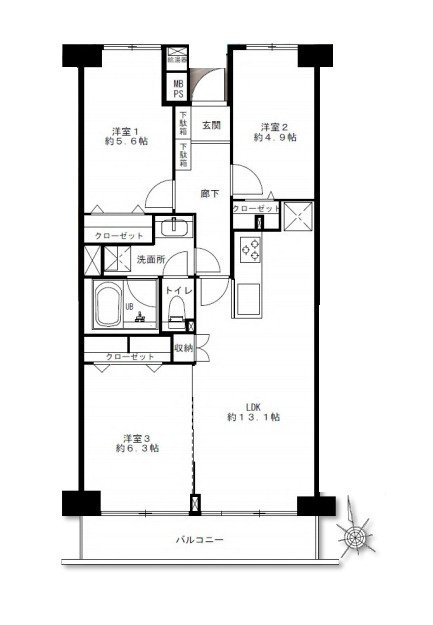 洋伸大宮マンションの間取り|【洋伸大宮マンション】・3LDK・専有面積65.33m2・バルコニー面積8.33m2