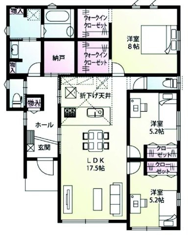 前橋市元総社町2号棟（平屋）　新築住宅の間取り|収納充実♪南向きの3LDKSで陽当たり良好な間取りです！
土地面積248.39㎡、建物面積93.57㎡で十分な広さです！