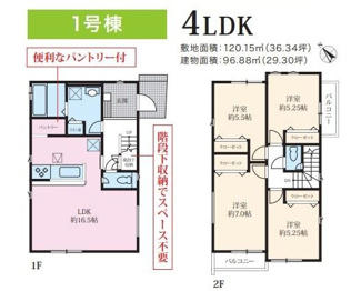 【間取り】 | 緑区下九沢 1号棟 16期 | 南西向き　２階建　4LDK　全居室収納付き　全居室２面採光　パントリー