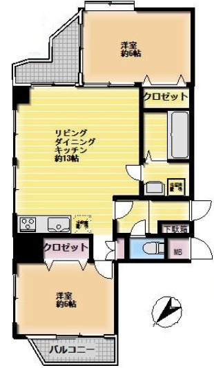 【間取り】 | サンライズ大山マンション | 北西・北東・南東向きの三方角部屋なので、陽当たり・通風良好です！