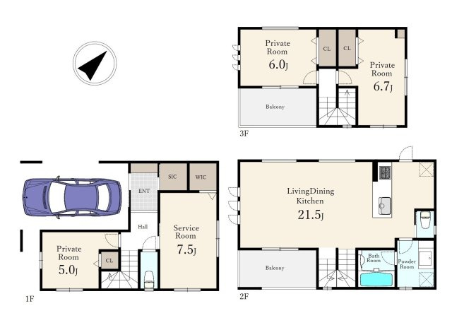 練馬区平和台1丁目 全2区画 A区画の参考プラン|建物面積123.53㎡(車庫部分15.59㎡含)
建物価格2700万円(税込)