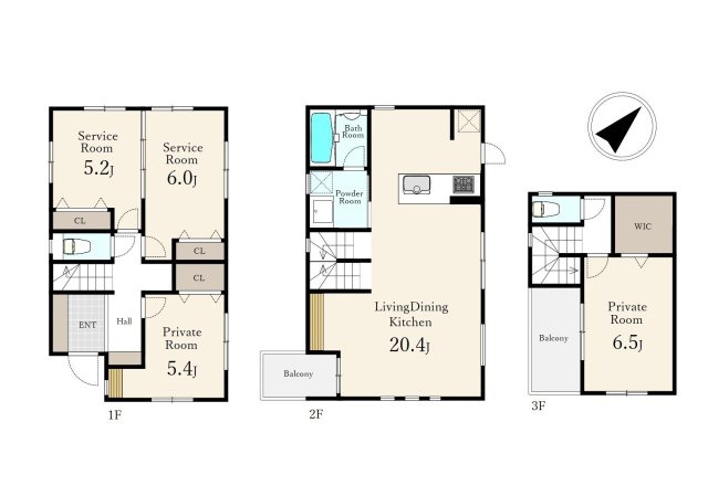 練馬区平和台1丁目 全2区画 B区画の参考プラン|リビング+水回りを配した生活しやすい間取り
生活に+αのゆとりを2面ワイドバルコニーつき
間取り/3LDK+S　駐車スペース2台可能
建物面積102.92㎡
建物価格2700万円(税込)