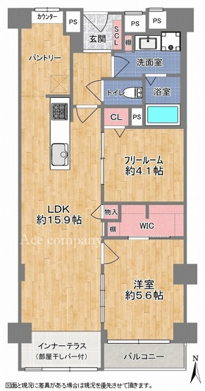【間取り】 | シャルマンコーポ今里 | 最上階！【2LDK＋南向きバルコニー☆】室内水廻り設備一新！建具新調、全面リフォーム済み☆食洗機・浴室乾燥機完備☆インナーテラスで部屋干しできます☆パントリー・WICあり♪