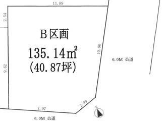【土地図】 | 【仲介手数料無料！！】日野市石田　建築条件なし売地（全4区画）B区画 3880万円 | B区画　東南角地135.14㎡（40.87坪）