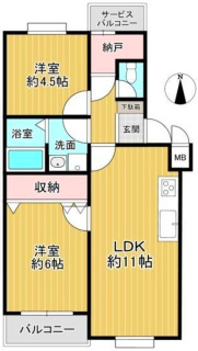 深江橋コーポＦ棟の間取り|中古マンション　2LDK　専有面積：54.58平米　バルコニー面積：3.96平米　南向き
