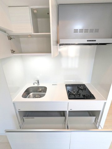 グランカーサ上野松が谷の設備|ガス2口システムキッチン、瀟洒でお手入れ楽なガラストップコンロ、シンクしたの収納はスライド式で奥まですっきり収納できます