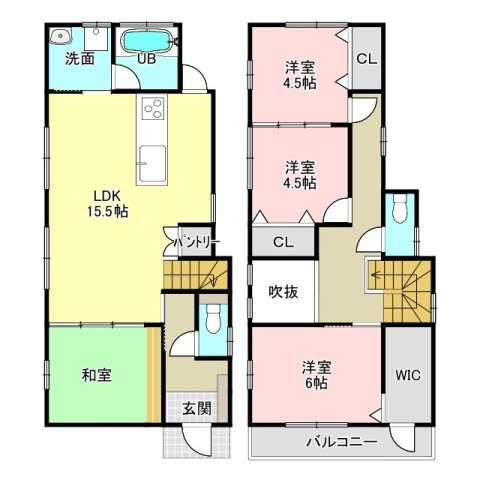 明和3丁目　中古戸建ての間取り|リビングには吹抜けがあり、明るく開放的な間取りです。