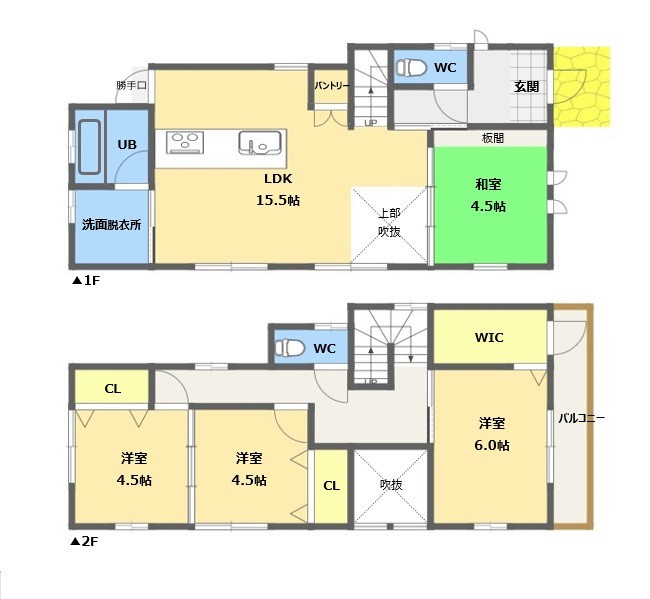 明和3丁目　中古戸建ての間取り|リビングには吹抜けがあり、明るく開放的な間取りです。