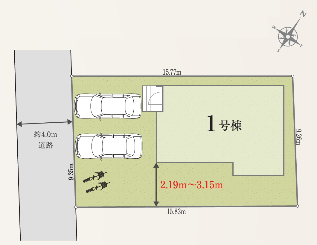 狭山市北入曽・全1棟　新築一戸建　～長期優良住宅認定物件～の区画図|カースペース並列2台。