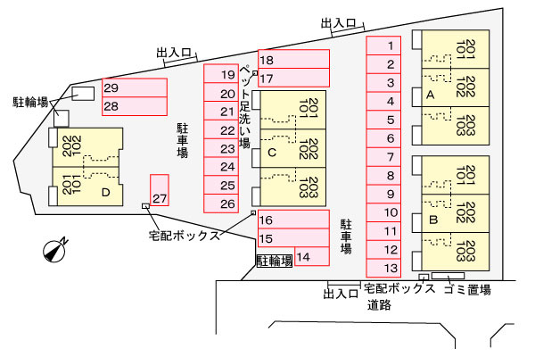 カーサベルデＤの区画図|駐車場
