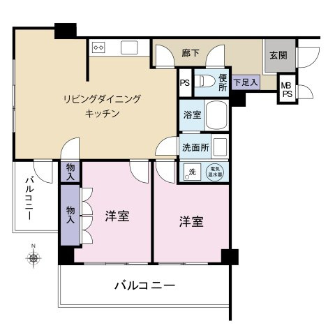 2LDK：専有面積58.33㎡、バルコニー面積12.75㎡。