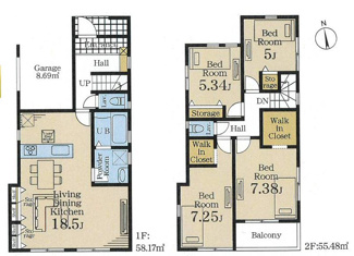 【間取り】 | 厚木市緑ケ丘5丁目  1号棟 | 都市ガス　1階掃き出し窓シャッター付　南向きバルコニー　浴室乾燥機+窓　リビング収納　WIC2箇所　LDK18.5帖