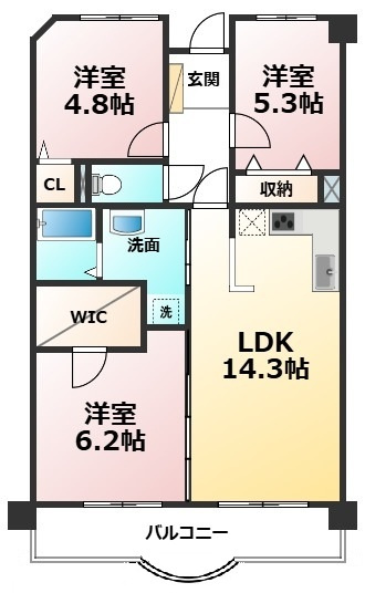 【間取り】 | アーティックス千防 | 全居室フローリングの3LDK。