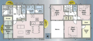 【間取り】 | 秦野市西田原  1号棟 第18 | 4LDK　防犯カメラ（利用時Wifi接続必要）　人感センサー付玄関灯　インナーバルコニー　浴室乾燥機+窓　全居室収納　リビング収納　LDK17帖+和室4帖　メイン洋室8帖