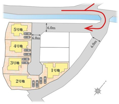 【完成予想図】 | 建築中　タマタウン那珂川山田1号地 | 【街並完成予想図（3号地・4号地・5号地）】
美しい自然環境に恵まれた山田エリアに全5邸のタマタウンシリーズが新登場！お買い物も便利な子育てファミリーに優しい住環境が整っています。
