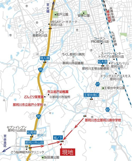【周辺】 | 建築中　タマタウン那珂川山田1号地 | 【アクセス図】
JR博多南線「博多南」駅まで車約6分。福岡空港や太宰府ICまでもアクセスしやすい便利な立地です。スムーズな移動ができ、休日のお出かけの幅も広がります♪