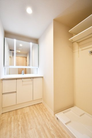 ファミール大宮宮原壱番館の独立洗面台|縦型のLED照明が顔を明るく照らす、三面鏡タイプの洗面化粧台。鏡裏や足元の収納も充実しており、生活感を抑えた空間を保てます。洗濯機置場との動線もスムーズで、家事効率が上がる使い勝手の良い設計です。