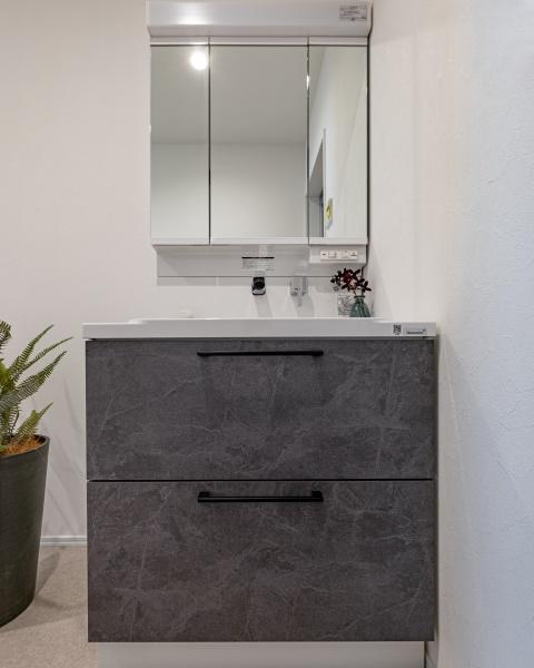 上野丘Ｗ　新築の独立洗面台|明るく開放感のある洗面所には収納棚や洗濯機が配置されています。動線が確保されており身支度や家事がスムーズに行えます。