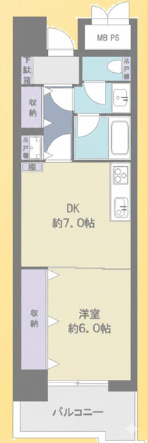 ライオンズプラザ大宮の間取り|縦に伸びる無駄のない動線が魅力。約7帖のDKと約6帖の洋室は、引き戸を開放すれば一体感ある大空間へ。各所に配置された豊富な収納が、都心のスマートな暮らしを支えます。12階の開放感を間取りでも。