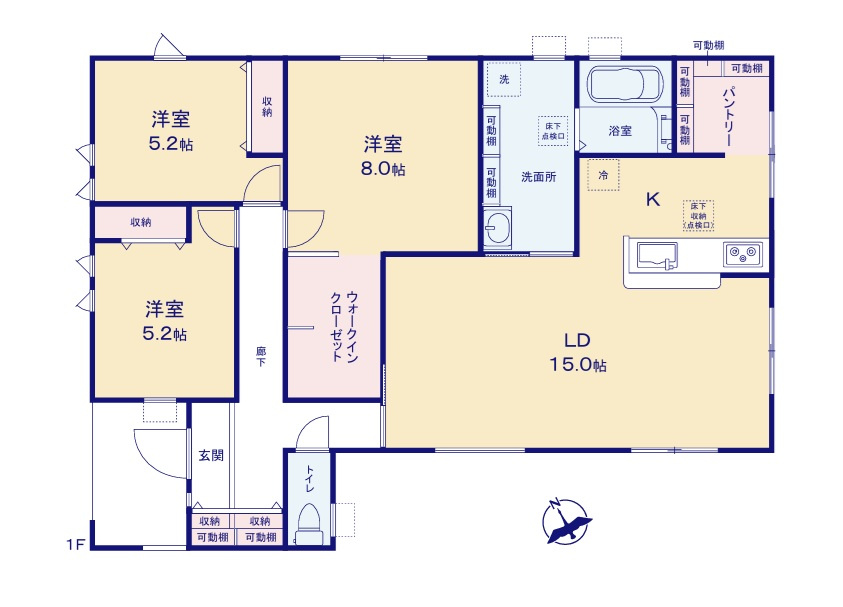 リーブルガーデン  ひたちなか八幡町　2期　限定1棟！の間取り|　
☆全居室に収納スペース、キッチンパントリー、広い洗面室にも可動棚付き。それぞれに独立性の高い居室なのでプライバシーが守られます。