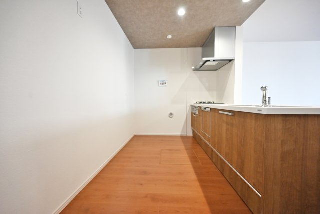 テラシエ西昆陽1丁目新築一戸建て│4LDK+駐車1台可のキッチン|キッチンスペースは食器棚や冷蔵庫を設置しても余裕の広さです。お料理中でも人がすれ違えます。