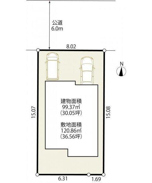 越谷市瓦曽根　新築戸建ての区画図|南側部分にお庭あり