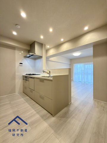 イトーピア大橋マンションのキッチン|ダウンライトの照明計画や配置をうまく設計されたフルリノベーション物件