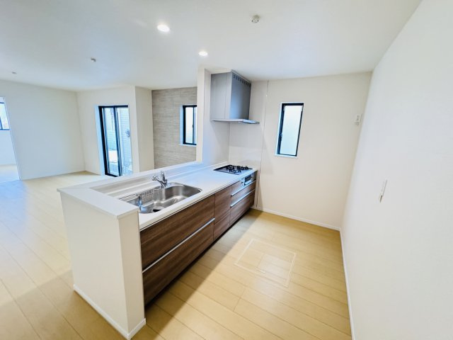 松戸市栗山新築戸建のキッチン|お手入れしやすいレンジフード・シンクの水栓には浄水器がついてます！